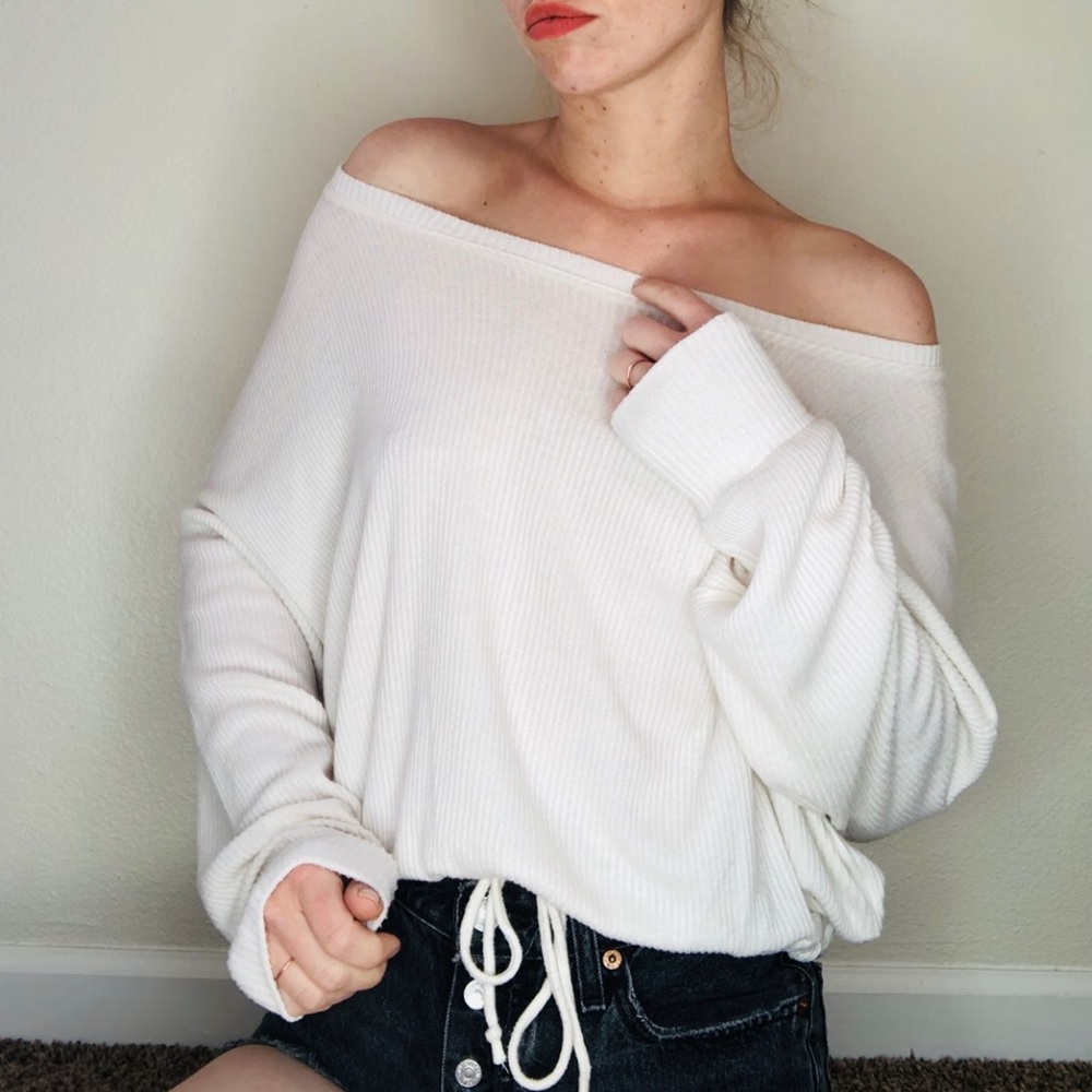 Express white ribbed off shoulder bottom tie crop top sweater long sleeve slouch